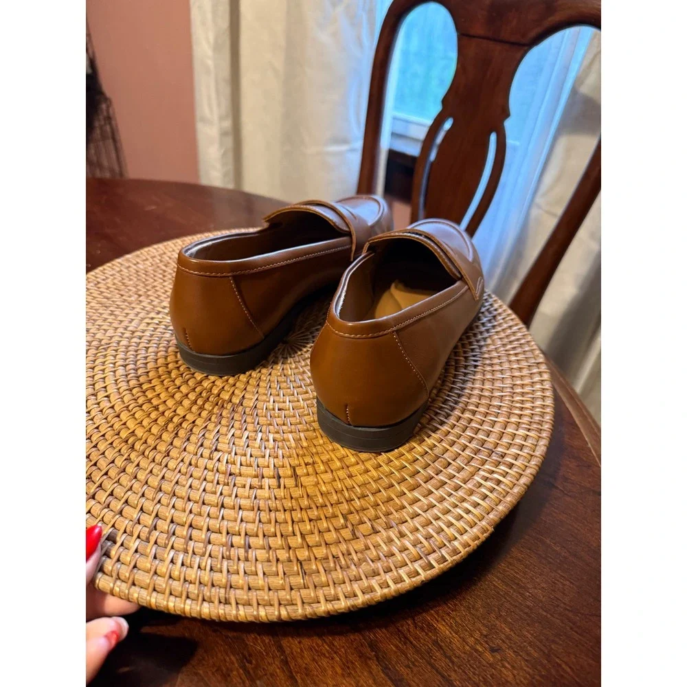Kensie Womens Cognac Brown Faux Leather Penny Loafers Classic Slip On Flats
